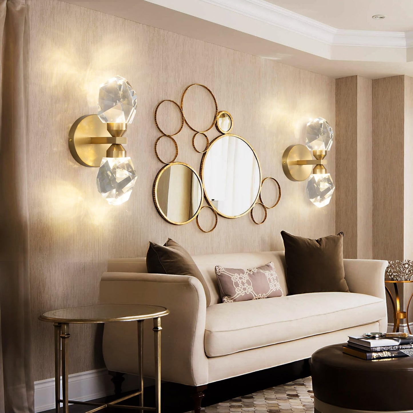 HAIXIANG 2 Packs Wall Sconces - Gold Modern Crystal Vanity Lighting for Dining Room, Bedroom, Living Room, Entryway, Bathroom - Wall Mount Lighting Fixture - Warm Light