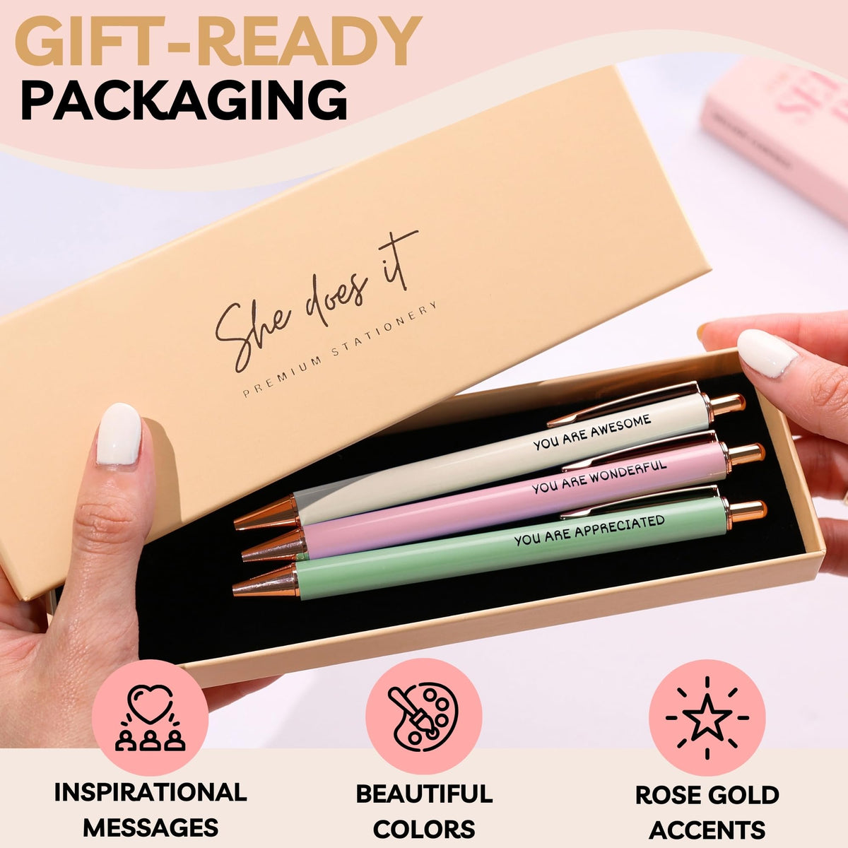She Does It Fancy Pen Set For Women - Inspirational Nice Teacher Pens | Pretty Motivational Thank You Gifts | Cute Positive Work, Office, Promotion, Coworkers, Intern, Gratitude & Job Motivation Gift