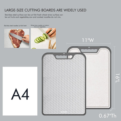 2-in-1 Double Sided Cutting Board, SUS304 Stainless Steel & Wheat Straw Cutting Board, Non-Slip Kitchen Chopping Board for Meat, Vegetables, Fruits, Dishwasher Safe（16inchX11inch）