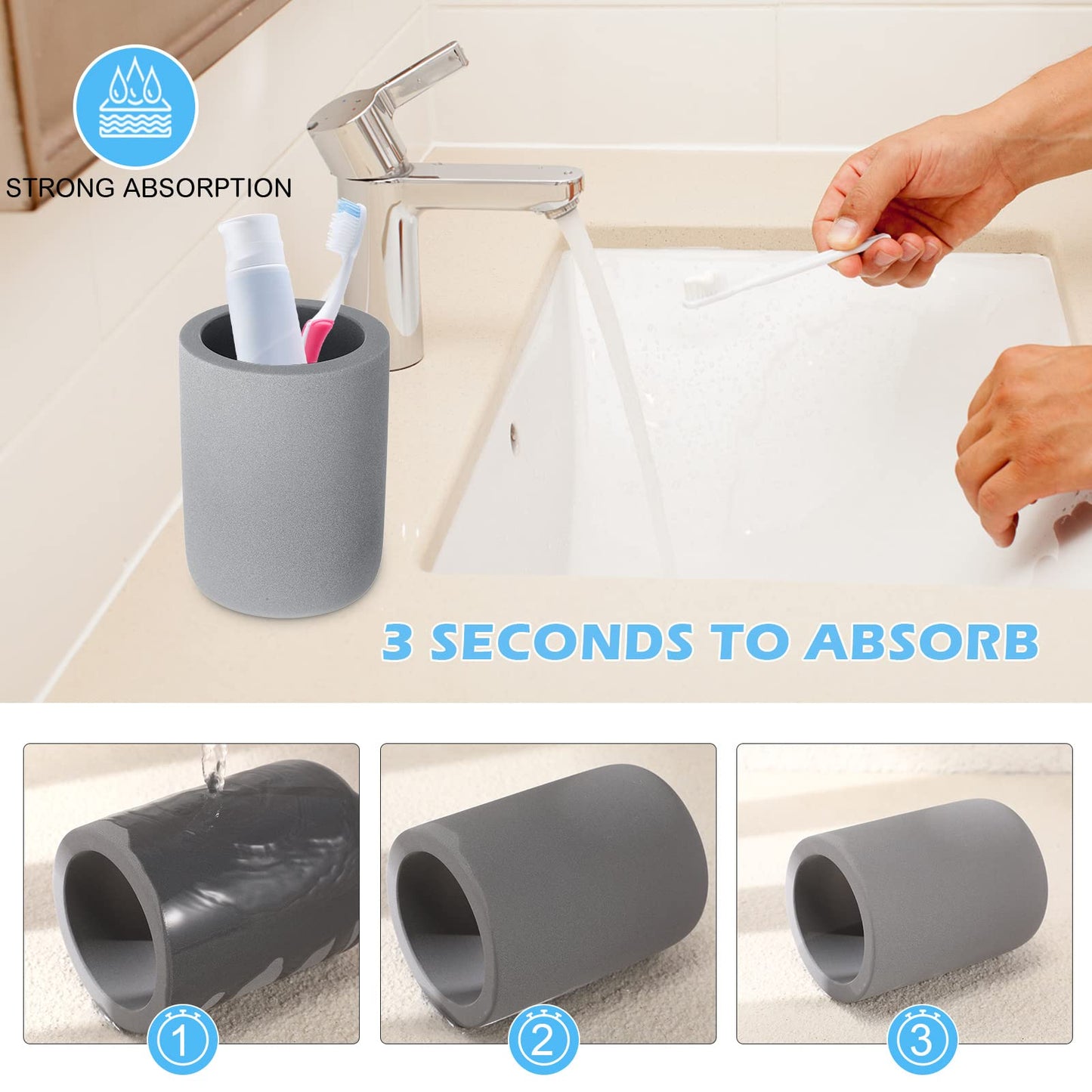 Diatomite Toothbrush Holder, BOJDOPIE Water Absorption Quick Drying Bathroom Countertop Organizer, Stand Cup for Toothpaste Makeup Brushes Razors (Grey)