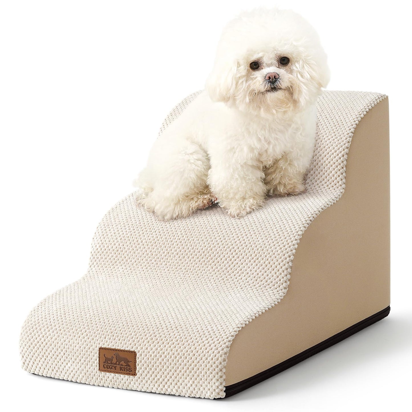 COZY KISS Dog Stairs for Small Dogs, Curved Pet Step with Leakproof Cover, High Density Foam Cat Ramp for Bed or Sofa, Lightweight, Durable, Comfort, 15.7x22.4x15.7 inch, 3 Tiers, Beige