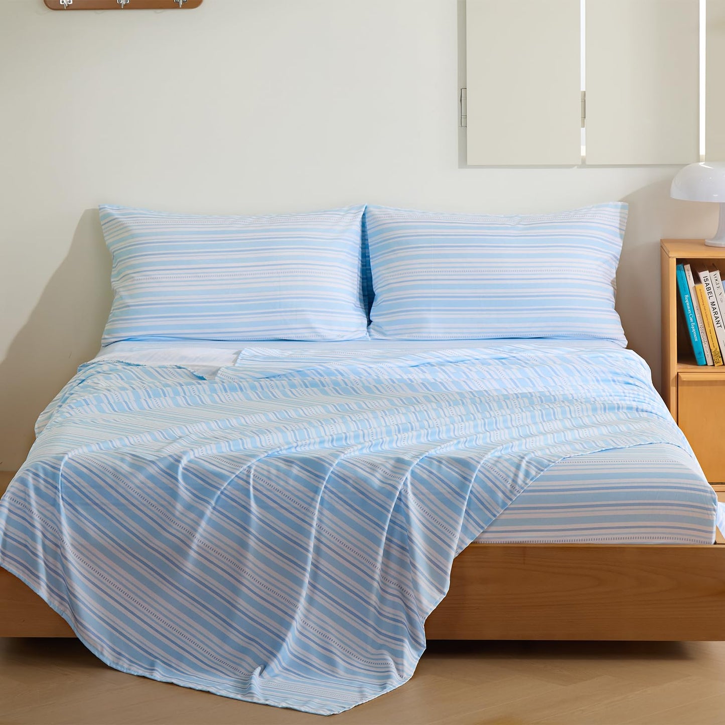 MCO 4Pieces Striped Sheets Set, Breathable King Sheet Set with 16" Deep Pocket,Modern & Luxury, Brushed Microfiber Bedding Set(King, Blue)