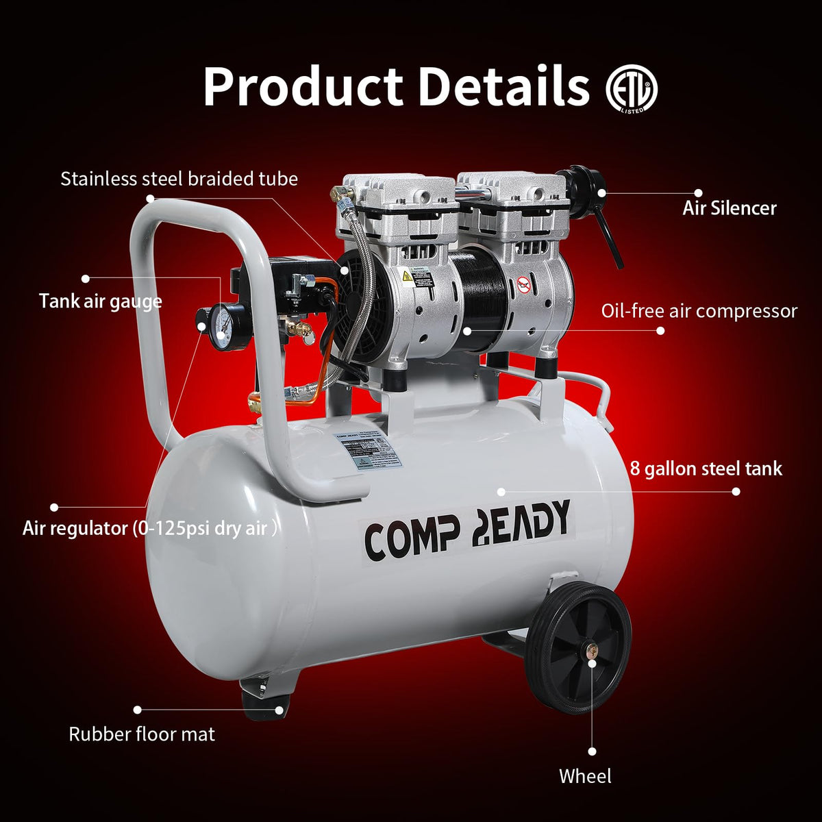 6 Gallon Portable Air Compressor 1HP 2.5 CFM@90PSI 60dB Ultra Quiet Oil Free Air Compressor Ideal for Tire Inflation Pneumatic Tool Spray Painting