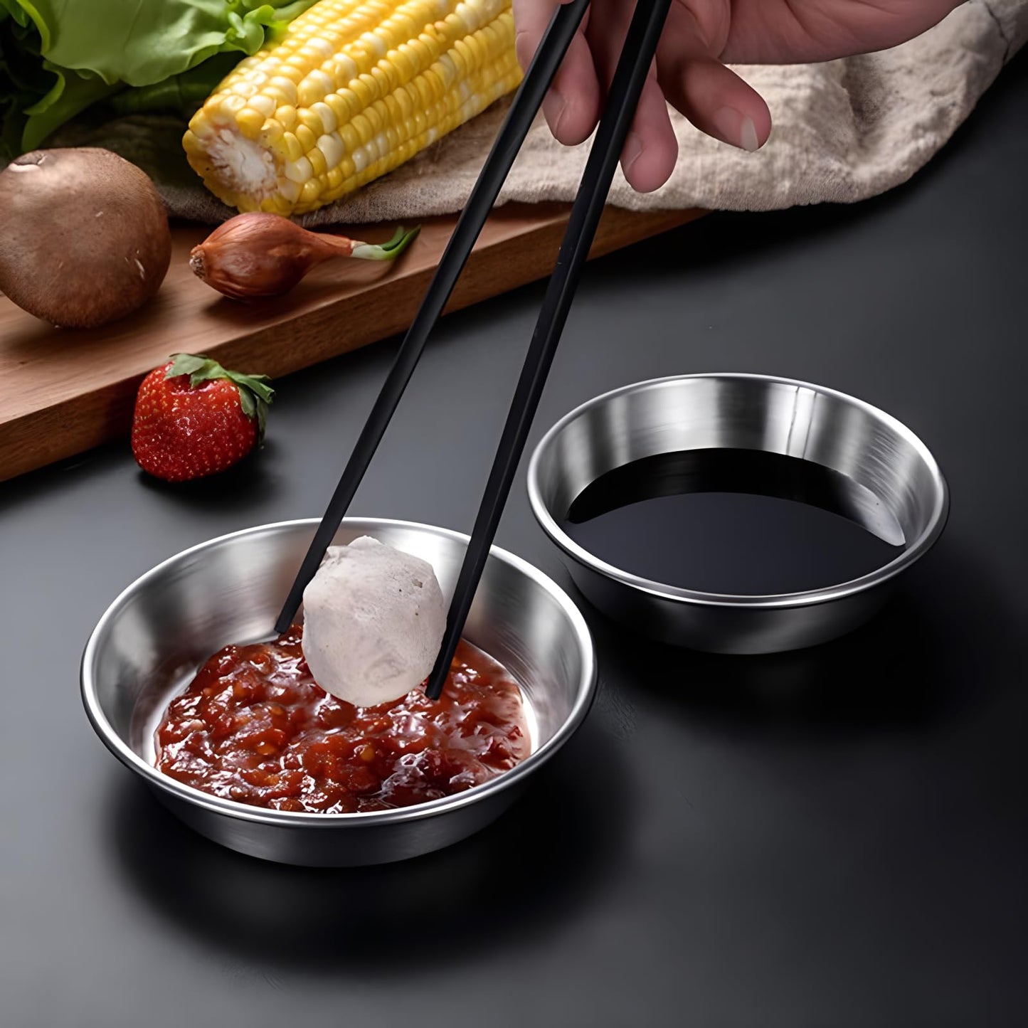 Fkereg 4 Pack Stainless Steel Soy Sauce Dish, 6 oz Dipping Condiment Bowls, Modern Style, Silver, 4.3 Inches, Dishwasher Safe