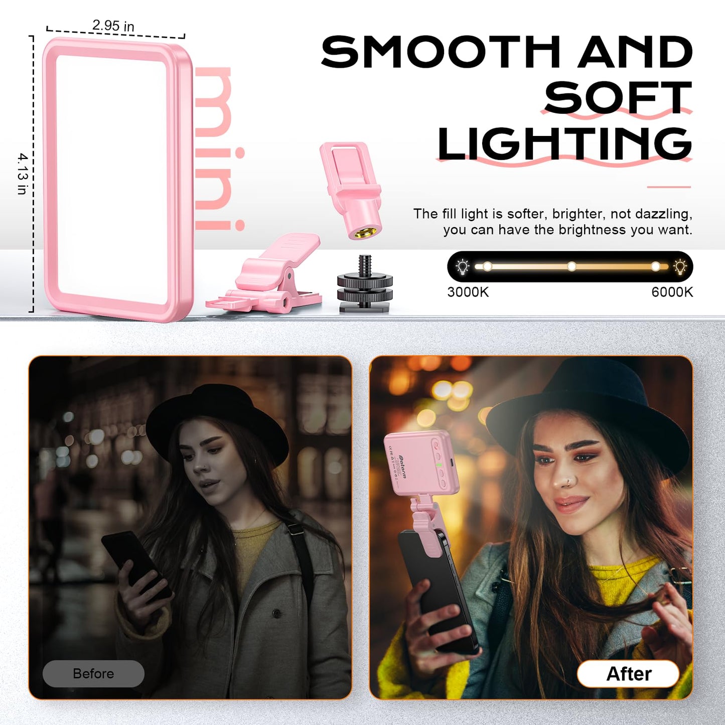 Rechargeable Soft Selfie Light for Phone, Camera, Laptop, 4-14H Battery Portable LED Light for Pictures, Phone Light Clip for Selfie, Vlog, TikTok, Makeup, Video Conference Black