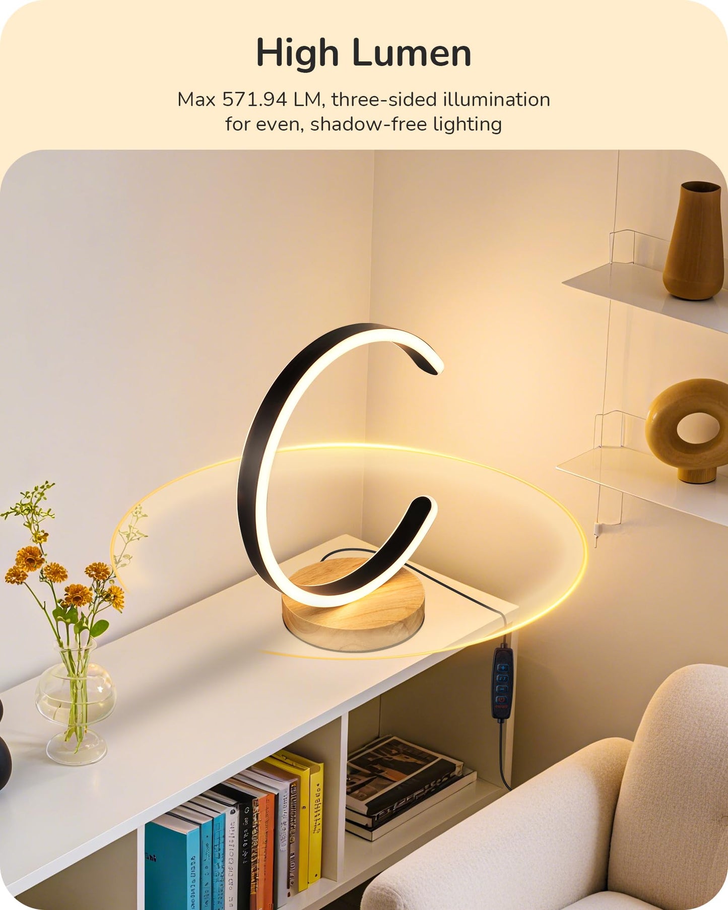 EDISHINE LED Table Lamp, C-Shaped Modern Lamps for Nightstand with 3 Color Temperature & Dimming, Upgraded Switch, Silicone Lampshade & Solid Wood Base, Bedside Lamp for Living Room, Bedroom, Black