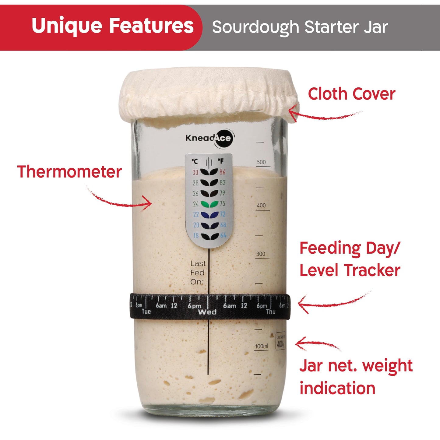 KneadAce Sourdough Starter Jar With Date Marked Feeding Band, Thermometer, Sourdough Jar Scraper, Sourdough Container Sewn Cloth Cover & Metal Lid, Sourdough Starter Kit