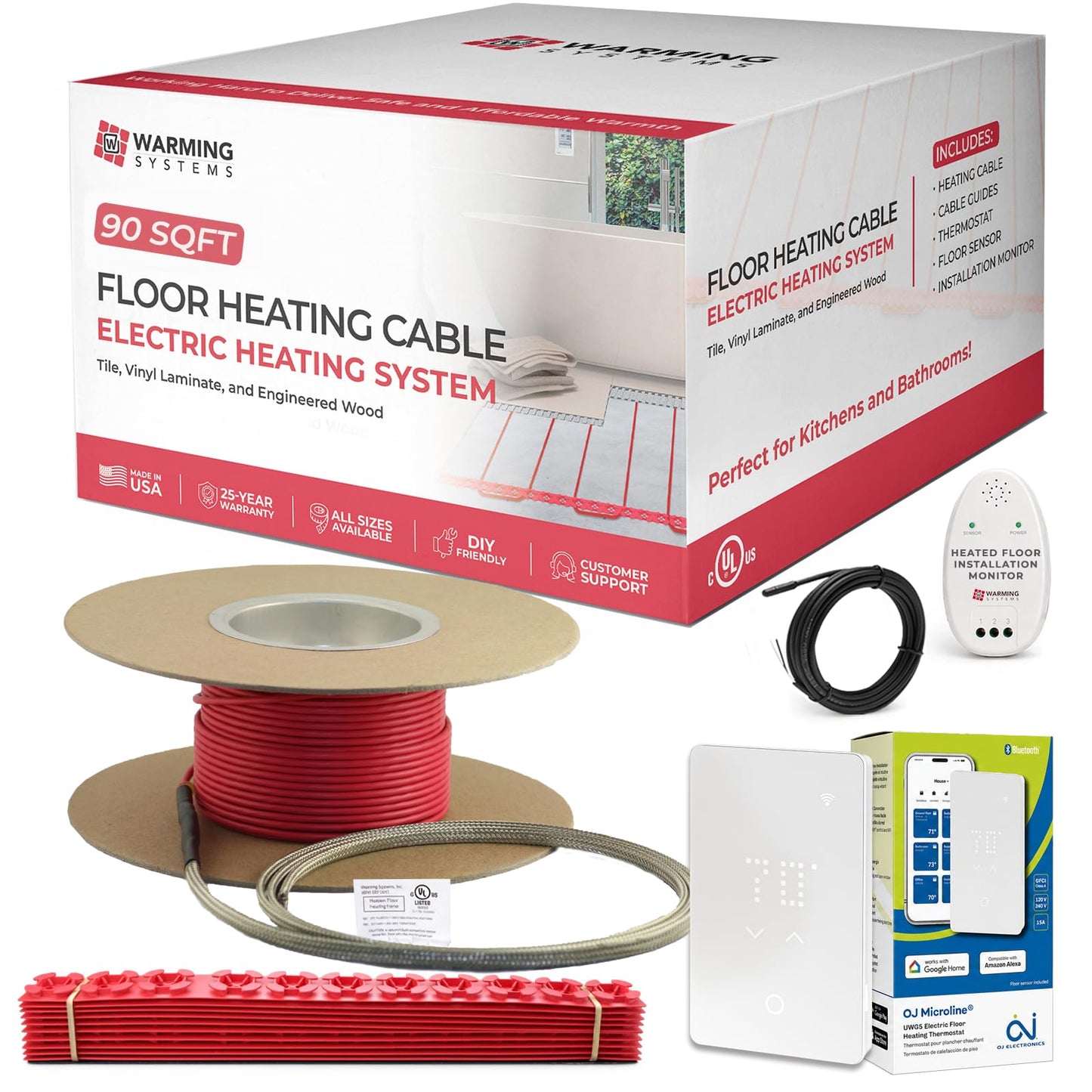 Warming Systems - 90 Sqft Electric Radiant Floor Heating Cable Kit – 120V Heated Tile Floor System with UWG5 Programmable Thermostat, Sensor, Installation Monitor & 25 Year Warranty, Made in the USA