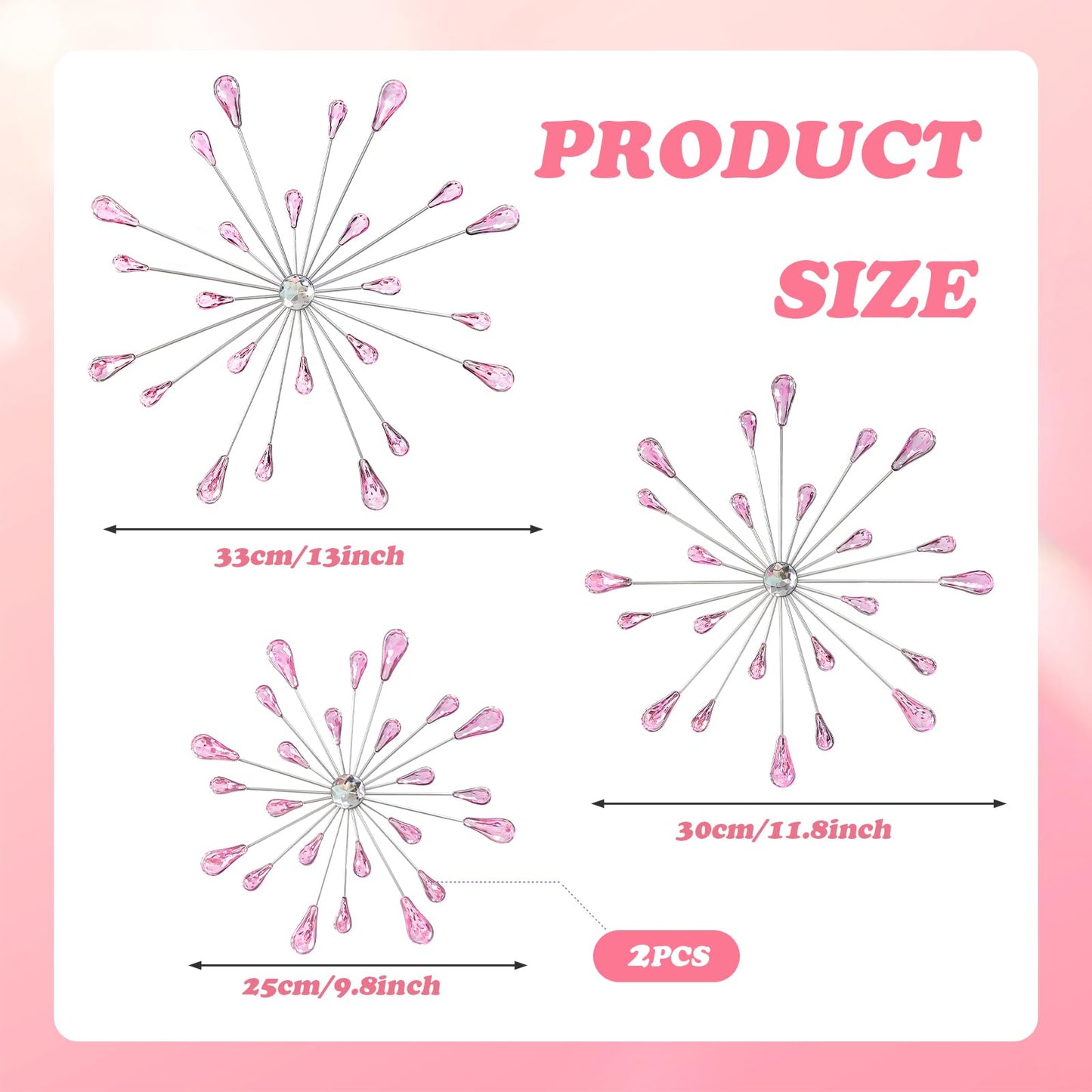 ZEXUIRU 4 Pcs Metal Starburst Art for Wall Decor Living Room Bedroom Dining Room Office - Bling 3D Crystal Rhinestone Sunburst Wall Art -Pink 13in/11.8in/9.8in/9.8in