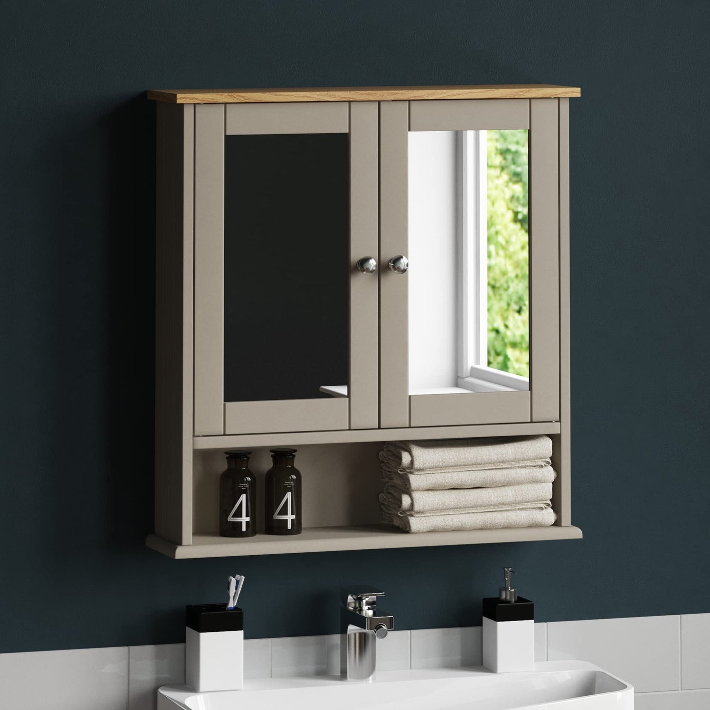 Bath Vida Priano Double Door Bathroom Cabinet, Wood, Grey & Oak, Mirrored Wall Mounted Storage Furniture