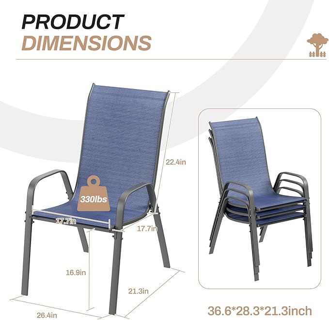 TLSUNNY Patio Chairs, Stackable Textilene Outdoor Dining Furniture for All Weather, with 17.7″ Wide Seat & Metal Frame, for Garden, Backyard, Deck, Restaurant, Poolside (6, Navy Blue, 26.4″)