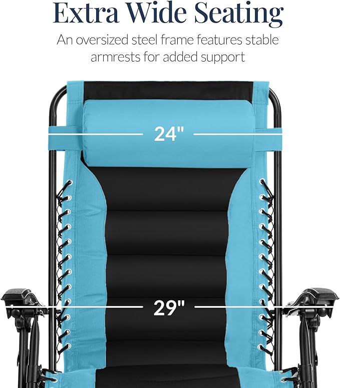 Best Choice Products Oversized Padded Zero Gravity Chair, Folding Outdoor Patio Recliner, XL Anti Gravity Lounger for Backyard w/Headrest, Cup Holder, Side Tray, Polyester Mesh - Light Blue/Black