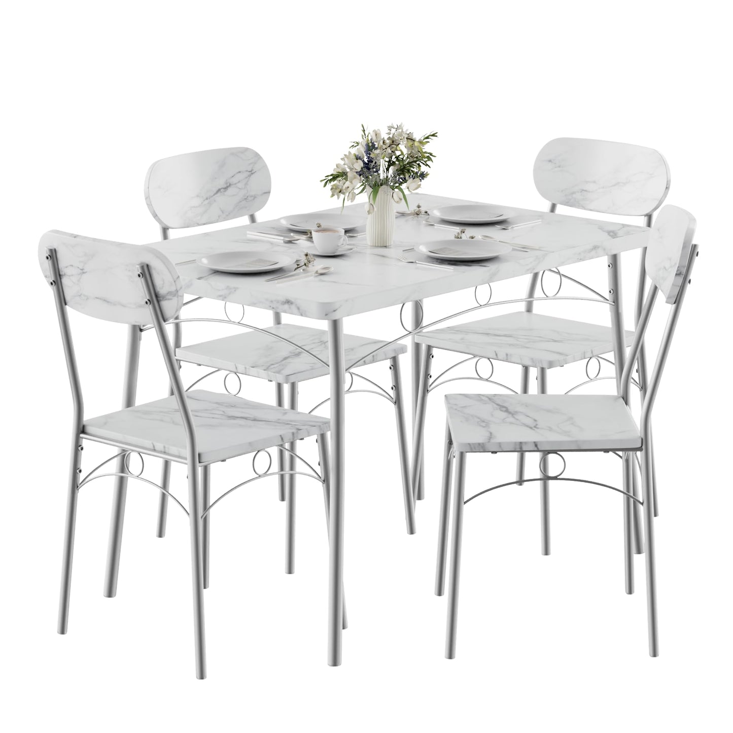 VECELO Dining Table Set for 4, 5-Piece Kitchen Table with 4 Chairs, MDF Board Tabletop with Metal Frame for Small Space, Compact Dinette, Breakfast Nook, Marble White