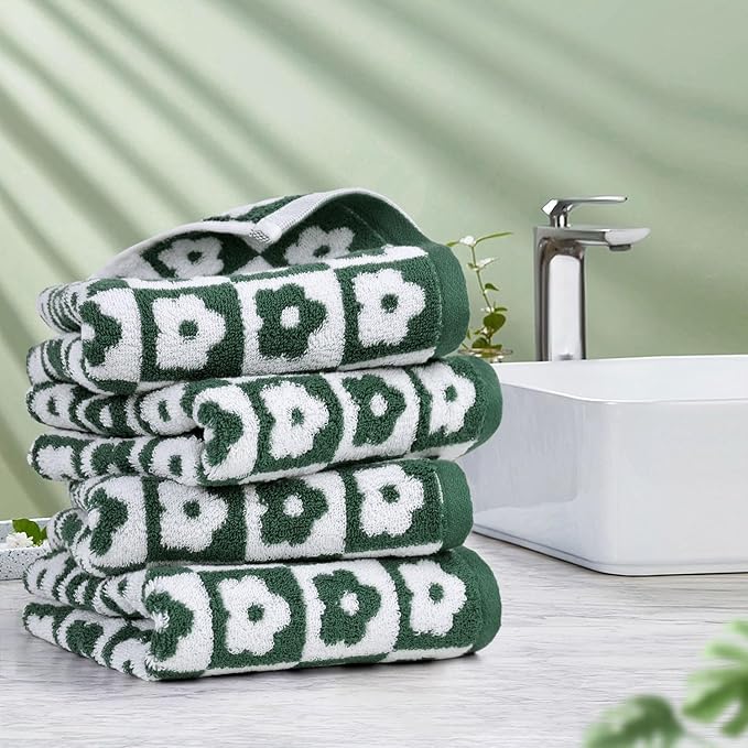 Jacquotha Cotton Hand Towels Green Checkered Floral