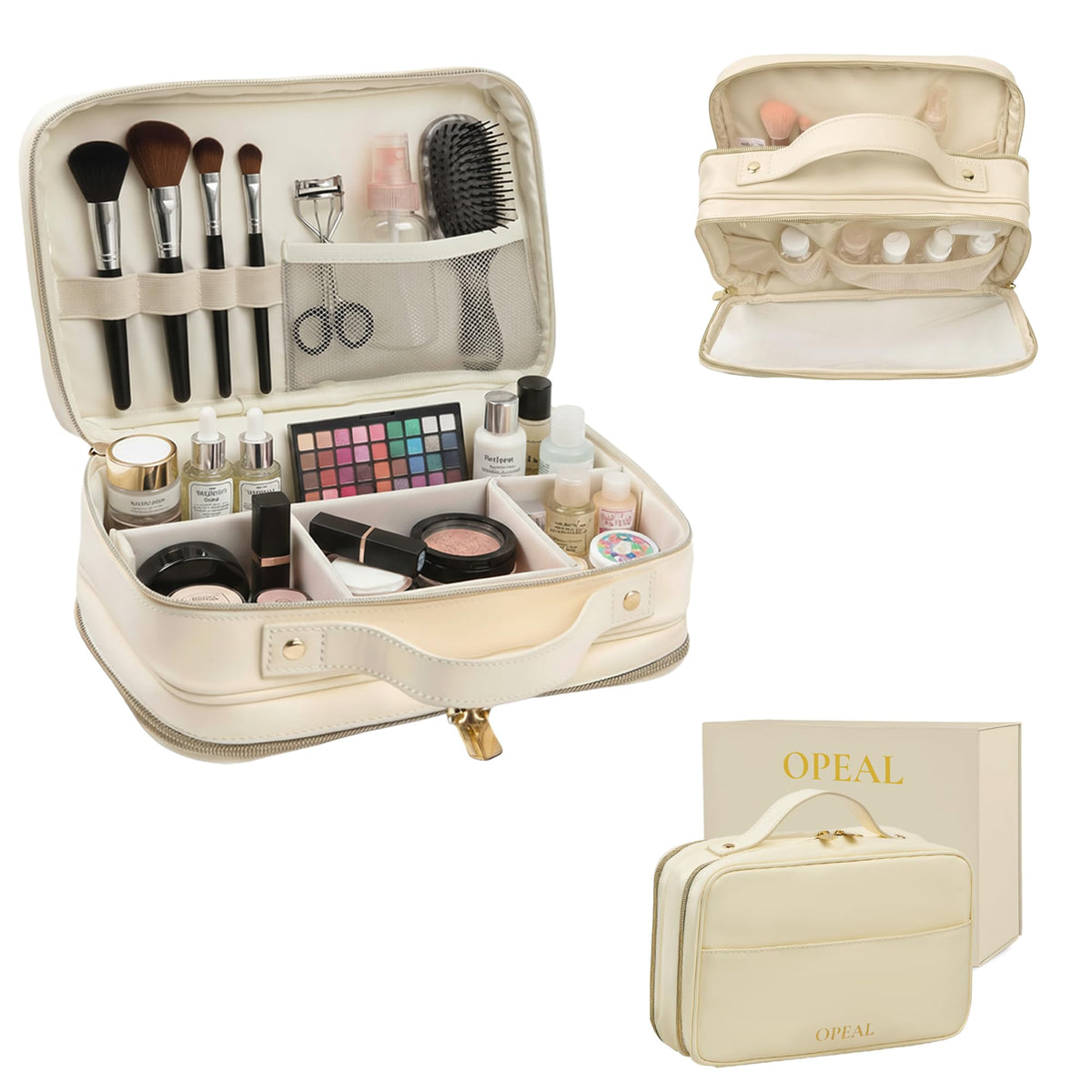 OPEAL 2-in-1 Travel Makeup and TSA Toiletry Organizer for Women – Flexible Compartments, Clear TSA Window, Wipe Clean Vegan Leather, Gift Box Included – Carry-On Approved, Cream