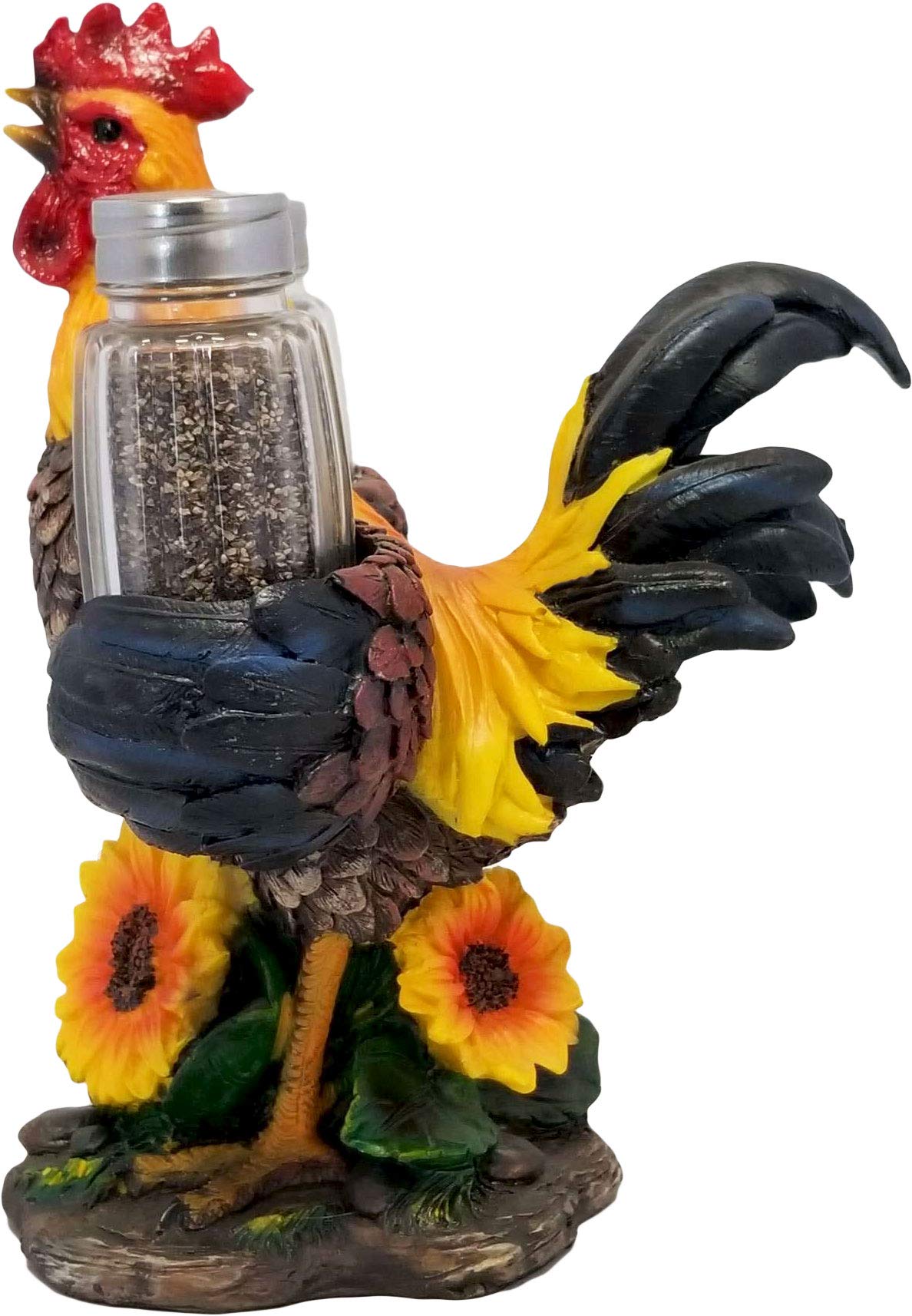 DWK 8-inch Spice to Crow About Country Rooster Salt and Pepper Shaker Figurine Display Holder Kitchen and Dining 3-Piece Set