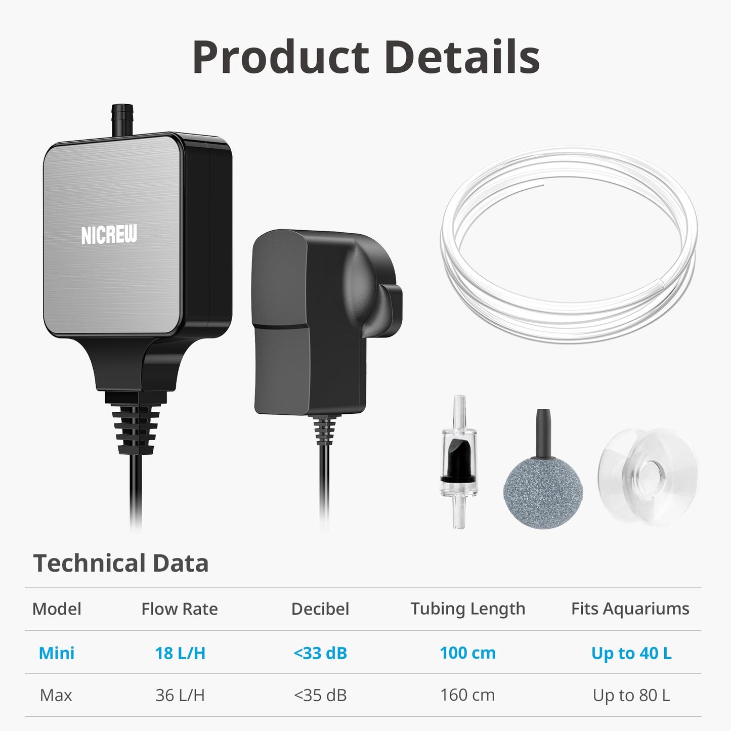 NICREW Air Pump Aquarium Ultra Quiet <33 dB, Nano Silent Mini Oxygen Pump up to 40 L, Accessories for Fish Tanks, 18 L/H, 1.5 W