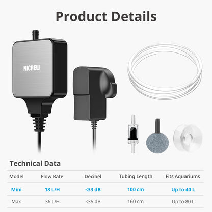 NICREW Air Pump Aquarium Ultra Quiet <33 dB, Nano Silent Mini Oxygen Pump up to 40 L, Accessories for Fish Tanks, 18 L/H, 1.5 W