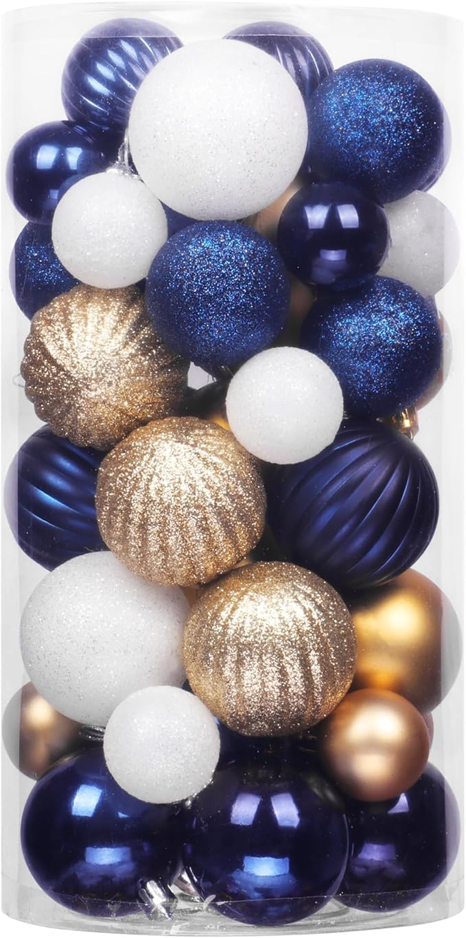 50Pcs Christmas Balls Ornaments for Xmas Christmas Tree, Blue and Gold Shatterproof Christmas Tree Decorations Hanging Ball for Holiday Party Decor(1.57"-2.36")