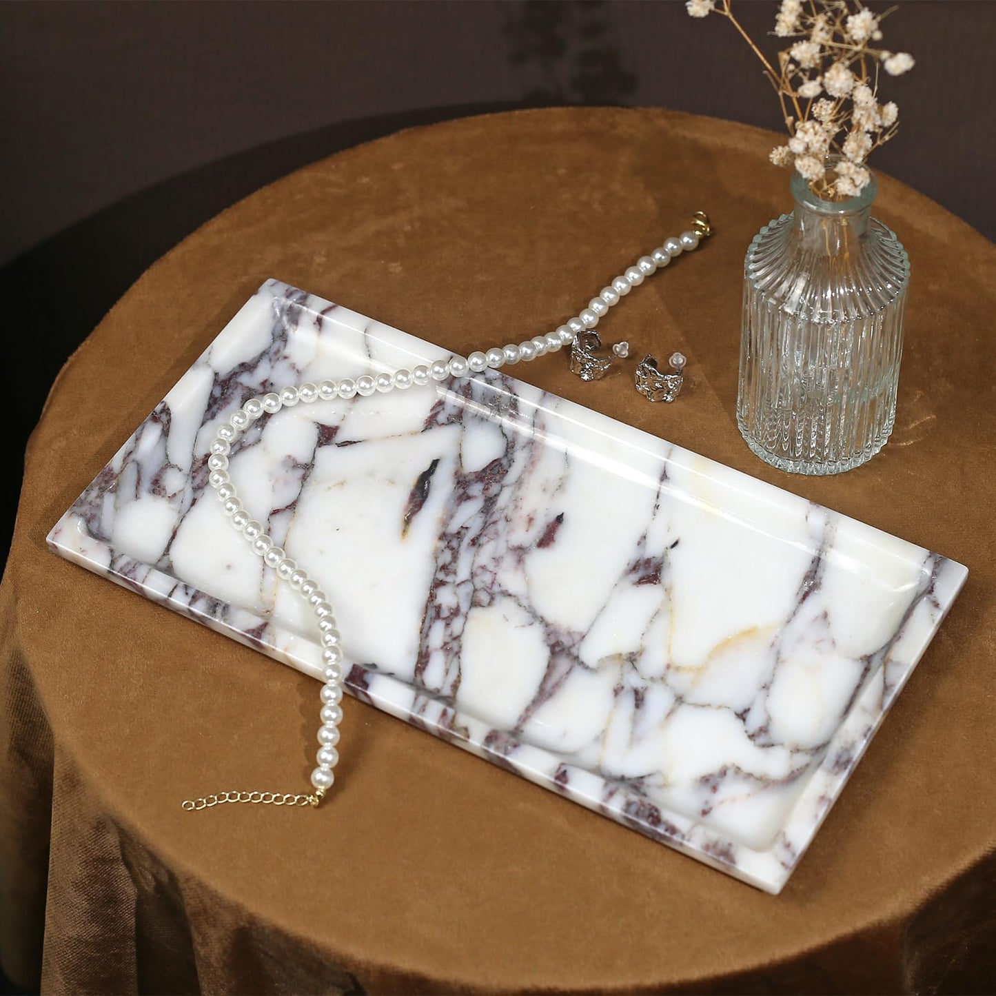 DUANYAN Natural Marble Tray, Coffee Table, Food, Fruit, Paper Cup, Cake Display, Coffee bar, Family Gatherings, Seasonal Holiday Decoration Tray(Viola-rectangle-11 x5 x0.7)