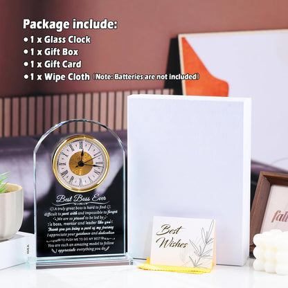 Arikyrist Boss Gifts for Men Women Glass Clock for Best Boss, Crystal Appreciation Gift for Bosses Day Birthday Going Away Farewell Thank You Retirement Keepsakes for Female Male Home Decor