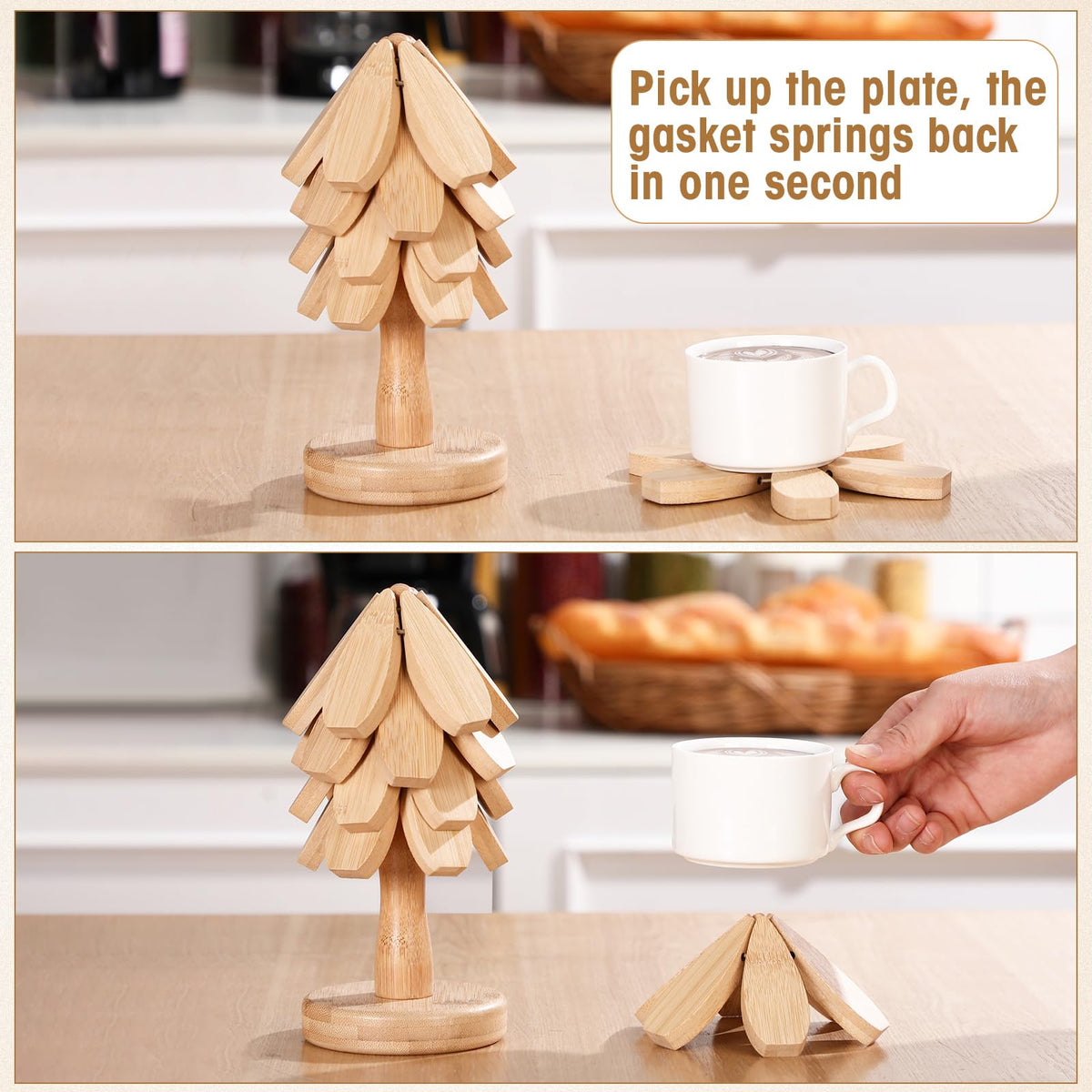 Wonderjune 4 Tree Trivet Set for Hot Dishes, 16 Wooden Trivets and 4 Stands, 2 Sizes Foldable Tree Shaped Coasters Decorative Hot Pad Mat Kitchen Table Decor for Pans, Pots, Cups(Bamboo Wood)