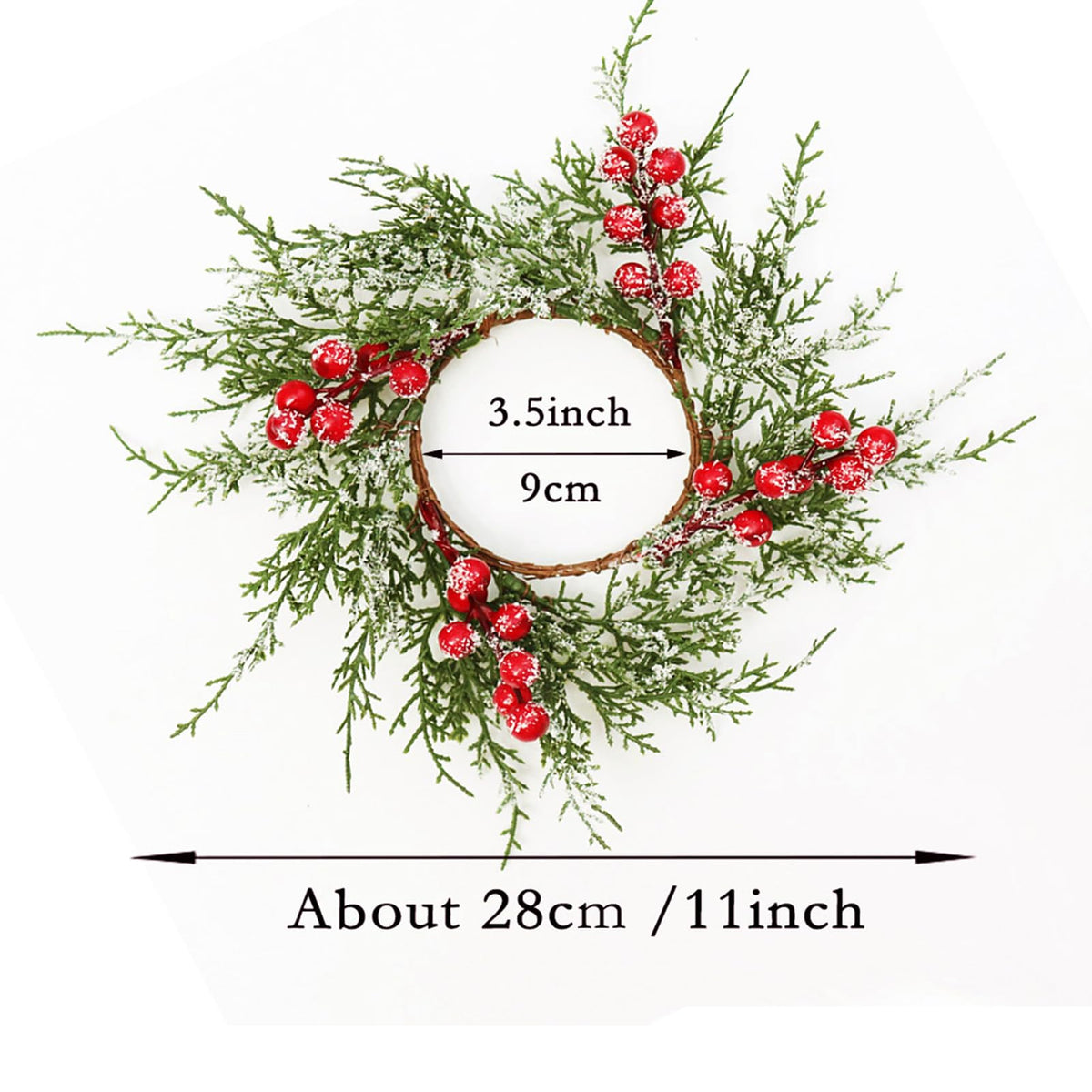 Small Christmas Wreath Candle Rings Artificial Cedar Cypress Wreaths with Red Berries, Candle Holders for Holiday Table Centerpiece Decor (Candle Rings 04)