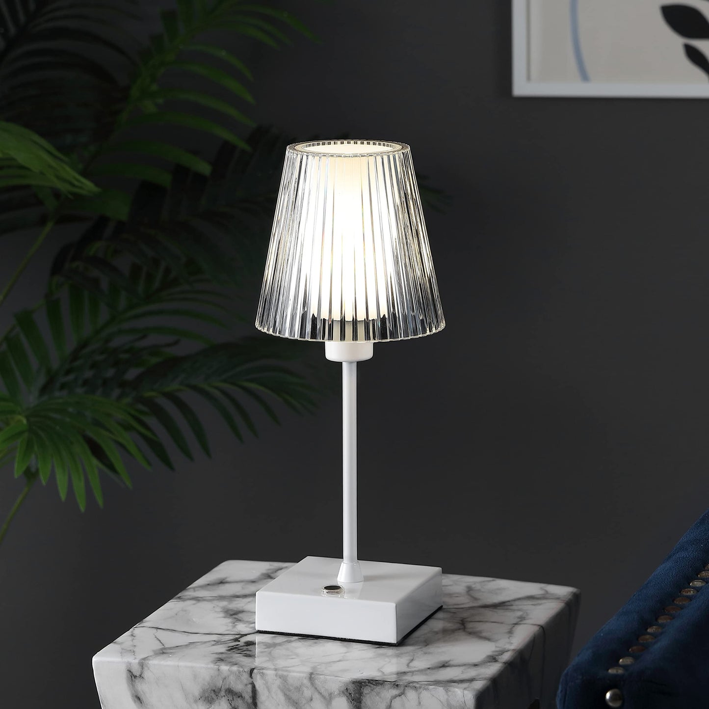 JONATHAN Y 12.5" White Cordless Portable Rechargeable LED Lamp, with Clear Ribbed Acrylic Shade, Touch Dimmable Modern Industrial Mini Accent Lamp for Bar Vanity (JYL7225B)