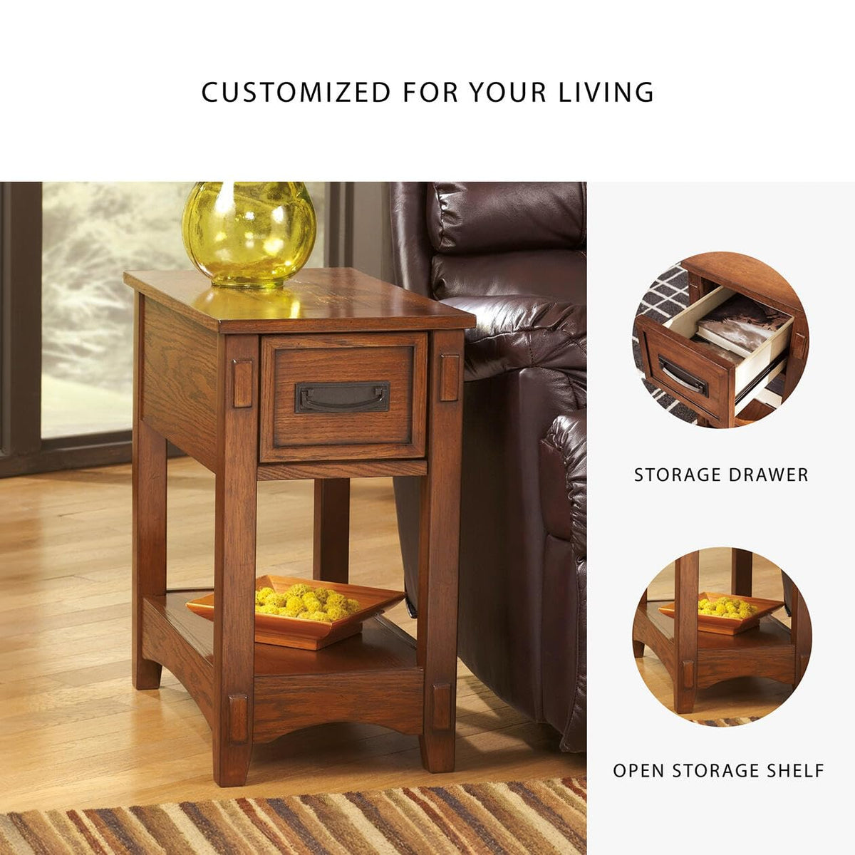 Signature Design by Ashley Breegin End Table With Drawer and Shelf, Mission-Style, Veneers and Wood Construction for Living Rooms and Bedrooms, 13' x 22'