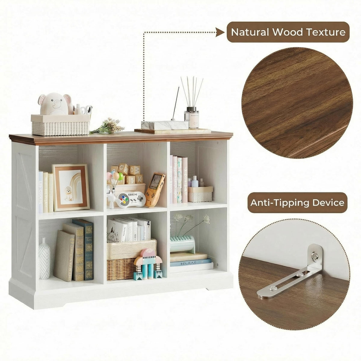 IRONCK 6 Cube Storage Organizer, Wooden Cube Shelf with Storage, Farmhouse Bookcase for Bedroom, Living Room and Home Office, White