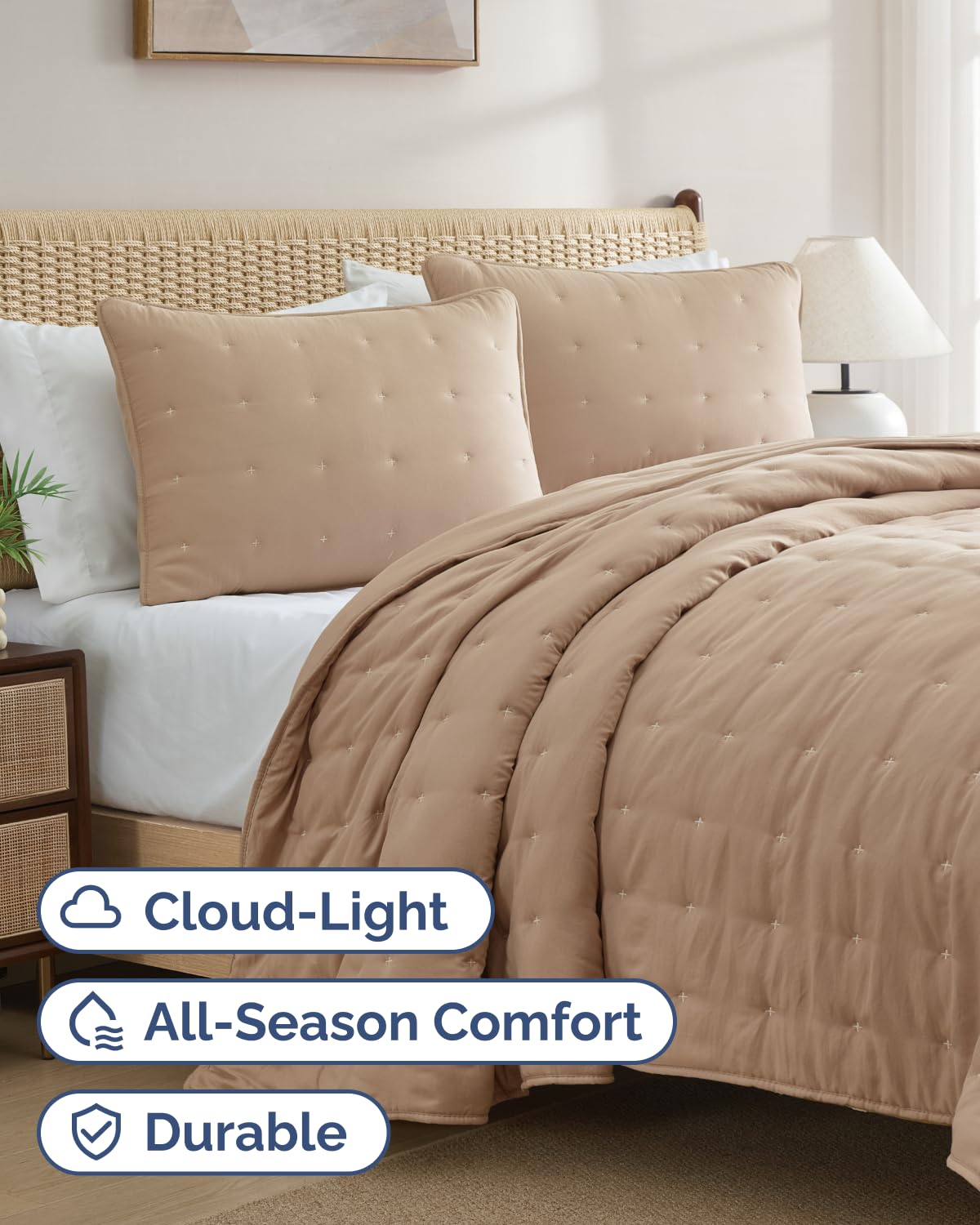 Quilts Queen Size - Bedspread for Queen Size - Lightweight Comforter Set - Quilt Bedding Set for All-Seasons - Soft, Breathable & Comfy - Summer Coverlet with 2 Pillow Shams - 90" x 96", Light Brown