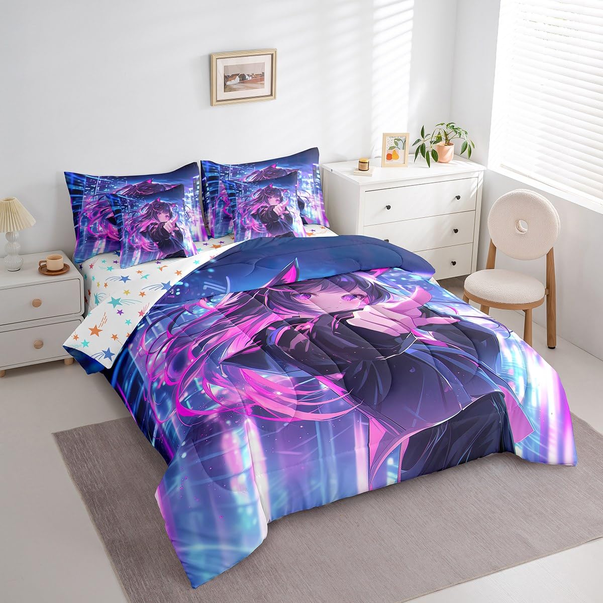 Erosebridal Kids Anime Girl 7 Piece Comforter Set Twin Bed in A Bag, Japanese Anime Bedding Sets, Cartoon Girl Sheet Set with Comforter for Boys Teens Adult, Kawaii Japanese Animation Bed Sets