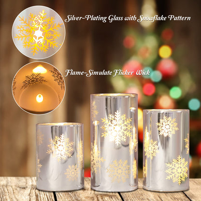 GORGE MOMENT Flameless Candles with Remote, Christmas Holiday LED Flickering Candles, Snowflake Candle Glass, Battery Operated, Xmas Gift Decorations Bathroom Home Party Decor [x3]