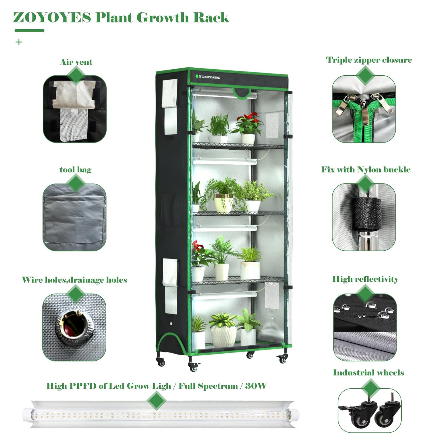 ZOYOYES Indoor Greenhouse Kit with Grow Lights on Cover, 36"W x 18"D x 72"H