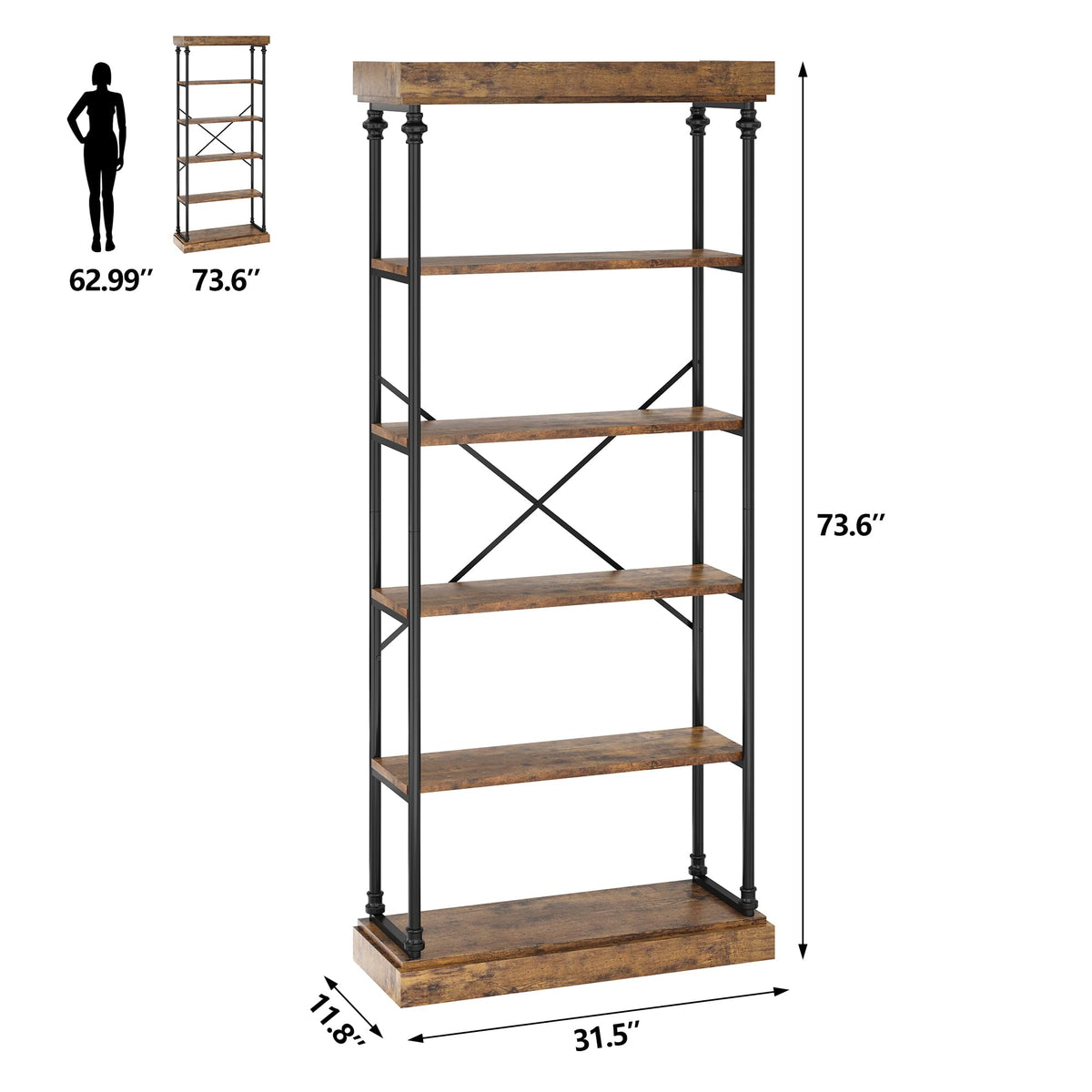 GarveeHome 6 Tier Bookshelf Industrial Bookcase Wood Tall Standing Bookshelves Wood Vintage Display Rack Rustic Bookshelf