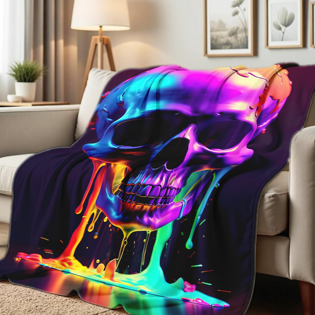 HUNXIAOJ Skull Blanket Throw Skeleton Flannel Blanket Gothic Print Throw Gifts for Kids Girls Boys Adults Women Men Halloween Decor Queen Size Bed Couch (49"x59")