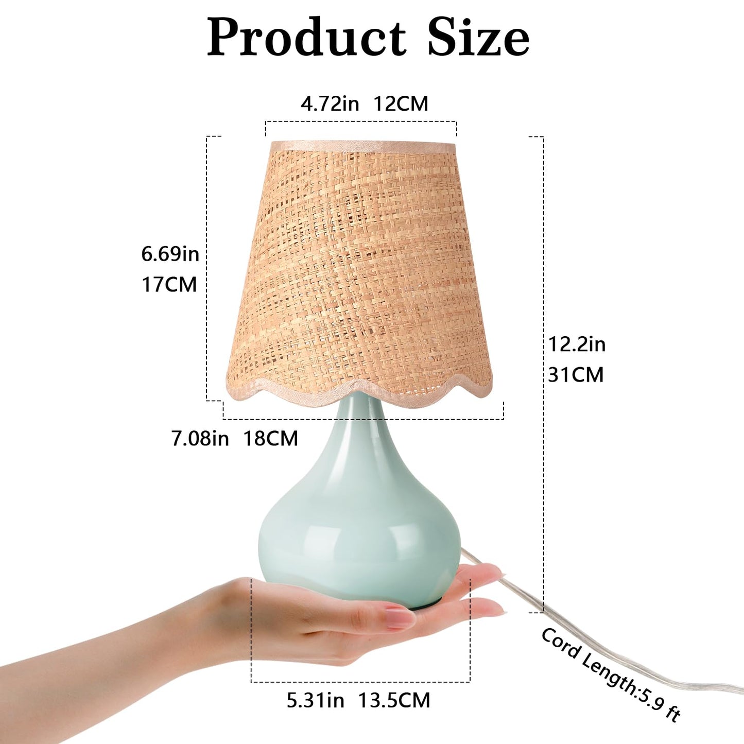 Light Blue Boho Small Table Lamp for Small Spaces, Small Rattan Shade Bedside Lamp for Bedroom, Cute Nightstand Light for Bedside, Kitchen Counter, Bookshelf Lamp, Home Office, Living Room, Dorm