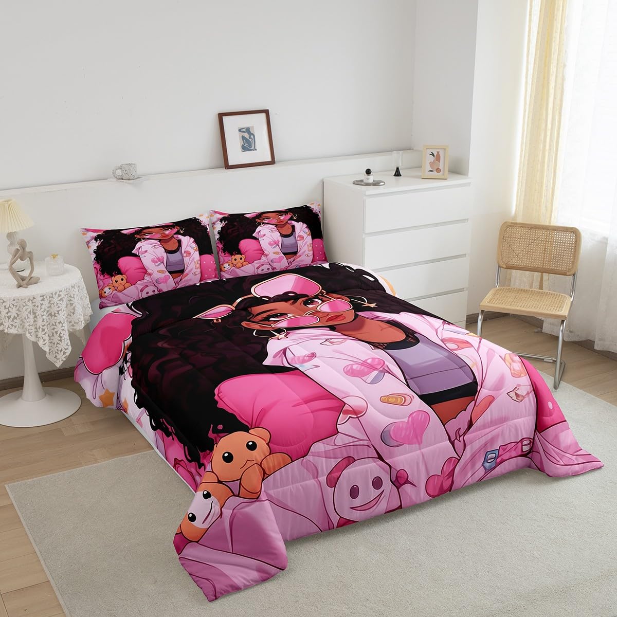 Black Little Girl Kids Comforter Set Full Size,Cartoon Bears Love Heart Dots Bedding Set,Girls Women Room Decor,Afro American Style Girls Down Comforter,Pink Princess Duvet Insert,2 Pillowcases