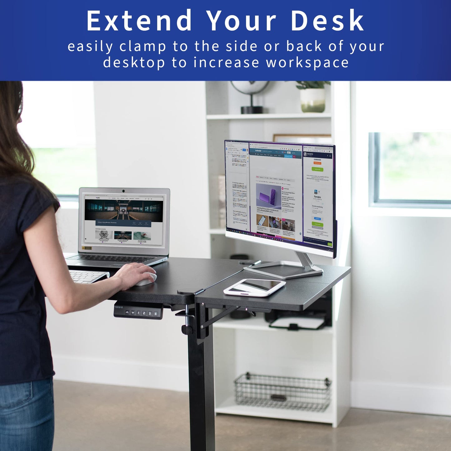 VIVO Clamp-on 6 x 9 inch (11 Including Clamps) Desk Extender, Wrist Support, Armrest Tray, Table Mount for Sit Stand Desks, Black, DESK-EXT09