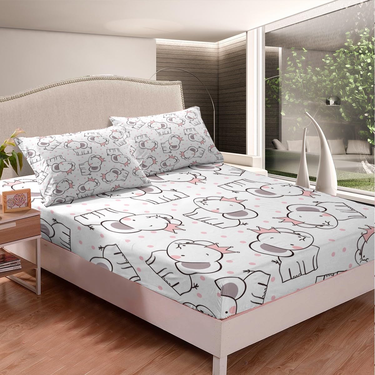 Feelyou Elephant Bed Sheet Set for Kids Boys Girls Teens Cute Elephant Print White Pink Cartoon Bedding Set Lightweight Microfiber Bed Cover Decor 3Pcs Fitted Sheet with 2 Pillowcases Full