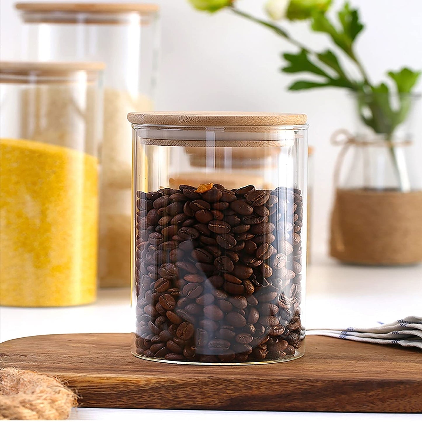 Aoeoe 4 Pack Glass Storage Jars with Airtight Bamboo Lid, 27 OZ Glass Kitchen Canisters, Clear Container for Coffee Bean Storage, Dry Goods, Cookie, Candy, Tea, Spices and More