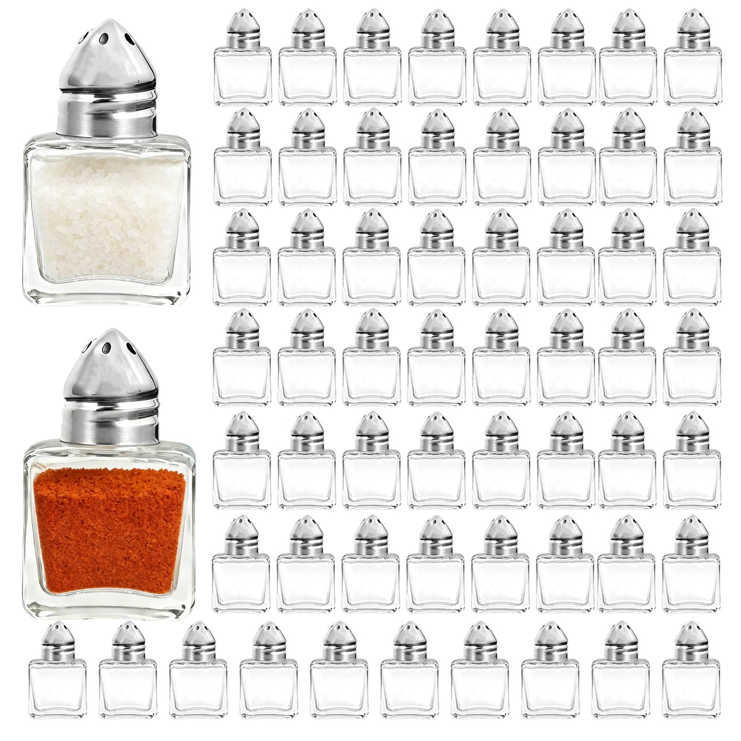 Patscorai 100 Pcs Mini Salt and Pepper Shakers Bulk with Stainless Steel Lid 0.5 Oz Mini Shaker Container Small Cube Glass Spice Shaker for Restaurant Kitchen Camp Wedding Party Supplies