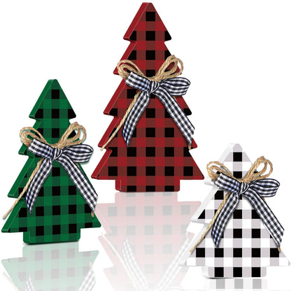 Yookeer Christmas Decor 3 Pieces Wood Table Rustic Christmas Tree Farmhouse Wooden Xmas Centerpiece for Small Table Xmas Trees Red Green Tiered Tray Party Decoration(Buffalo Plaid Style)