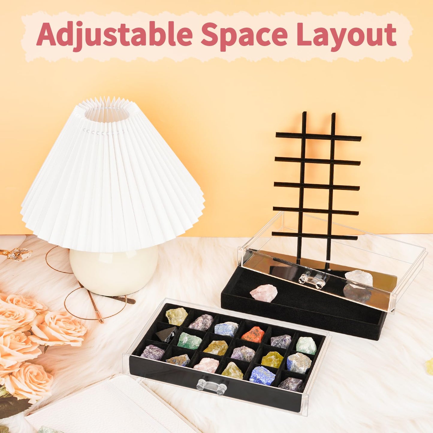Bfttlity Acrylic Rock Display Case, 108 Grids Rock Collection Box for Kids, Clear Display Cases for Stones Collectibles Gemstone Crystals Storage Boxes (108 Grids)