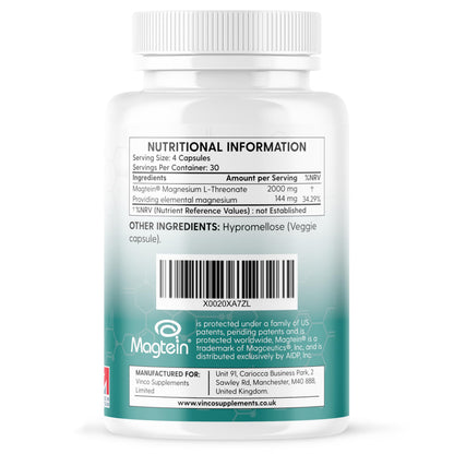Vinco Magtein® Magnesium L-Threonate Supplement - 120 High Strength Magnesium L Threonate Capsules - 2000mg Bioavailable Form of Magnesium per Serving - Non-GMO & Gluten Free – Made in The UK