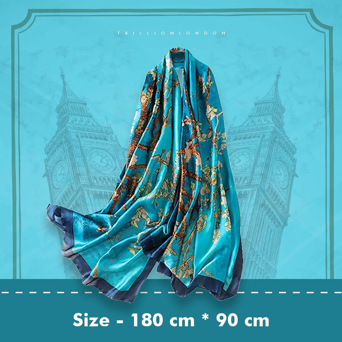Trillion London® Spring Collection | Blue Floral Silk Neck Scarf For Women | Ladies Lightweight Scarves | Shawl Wraps | Suitable for Daily Life, Gifting | Smooth Soft Finish | Size - 180cm*90cm