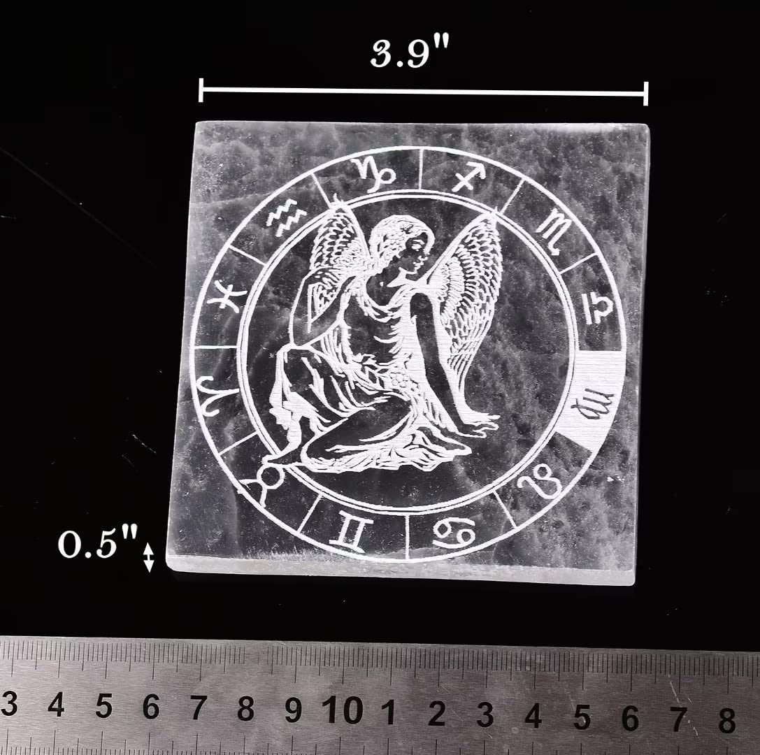 AMOYSTONE Selenite Crystal Charging Plate for Healing Crystal Stone Selenite Pieces Square Slab Etched Virgo 4" with Stand