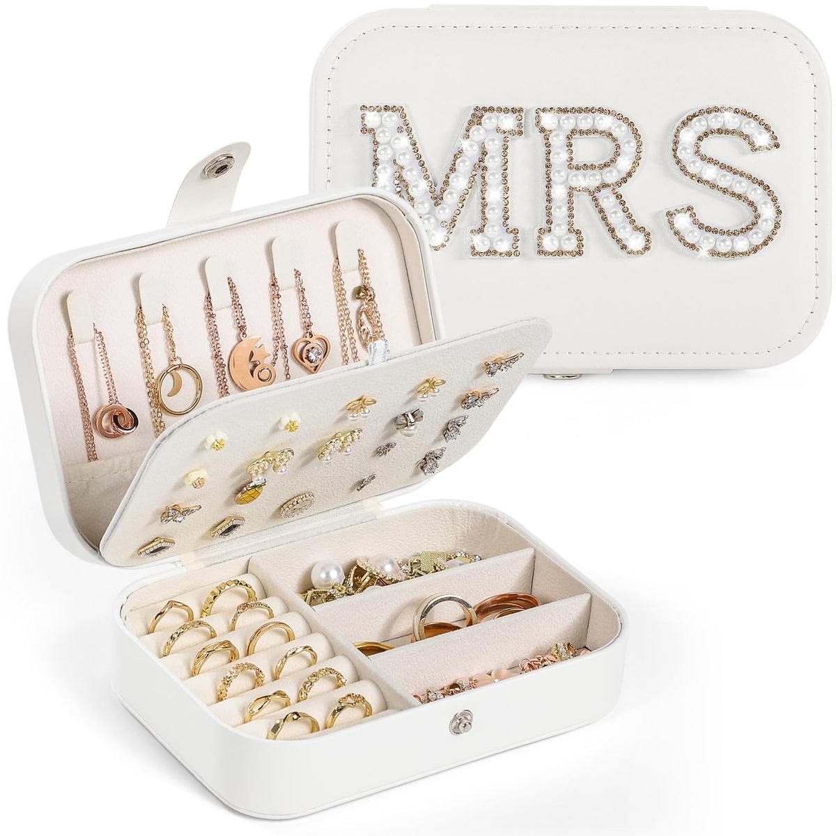 Sightor Bride Jewelry Box, MRS Travel Jewelry Box for Bride Portable Jewelry Case, Small Jewelry Organizer for Bachelorette Party, Honeymoon, Engagement Gift, Bridal Shower Gift (White, Gold)