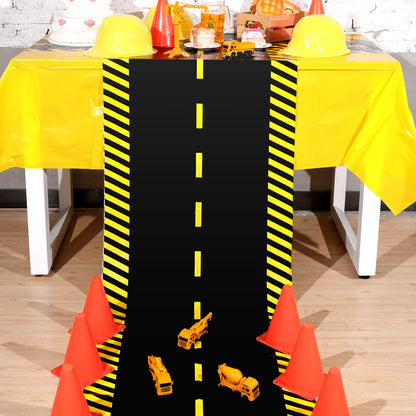 Remagr Construction Party Road Floor Runner, 32 ft x 2 ft Plastic Long Road Table Runner, Black with Yellow Warning Stripes for Construction Birthday Party Photo Backdrop Decor
