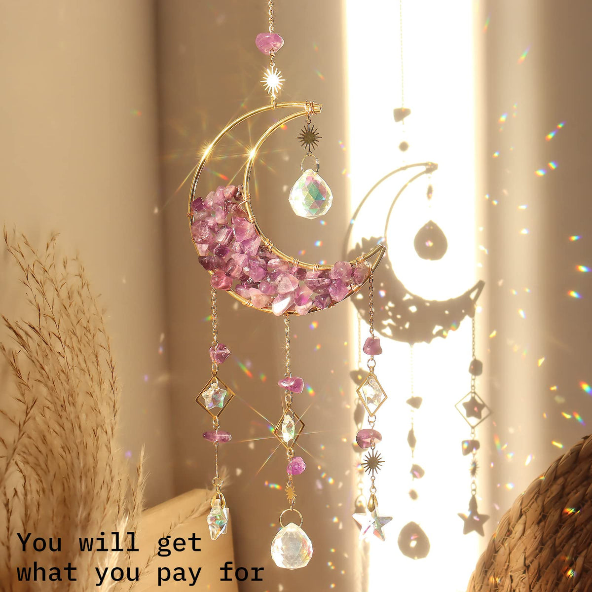 Amethyst Crystals Suncatcher - Hanging Moon Sun Catcher with Glass Prisms for Windows, Healing Amethyst Crystal Decor for Home, Gift for Christmas Birthday Valentine Mothers Day